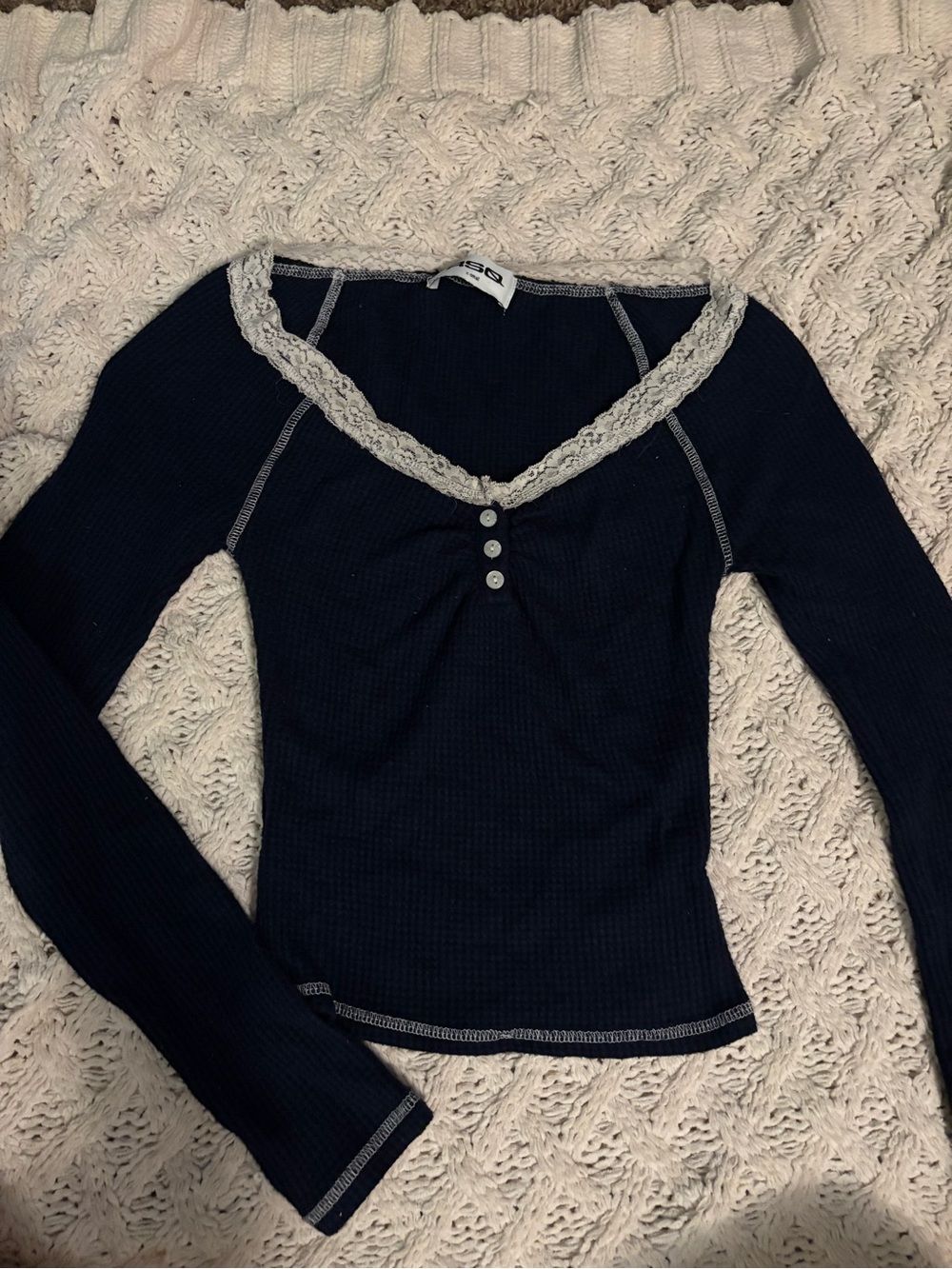 RSQ Navy Long Sleeve Top with Lace Trim